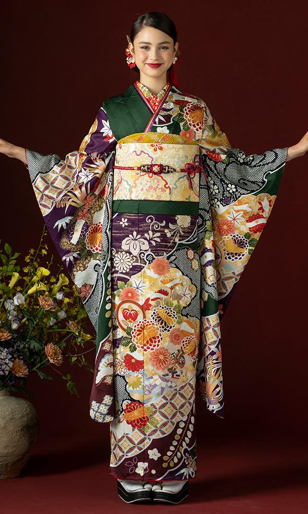 りょう 【高級 振袖5点セット】 正絹 花柄 中振袖 上品 古典柄 成人式