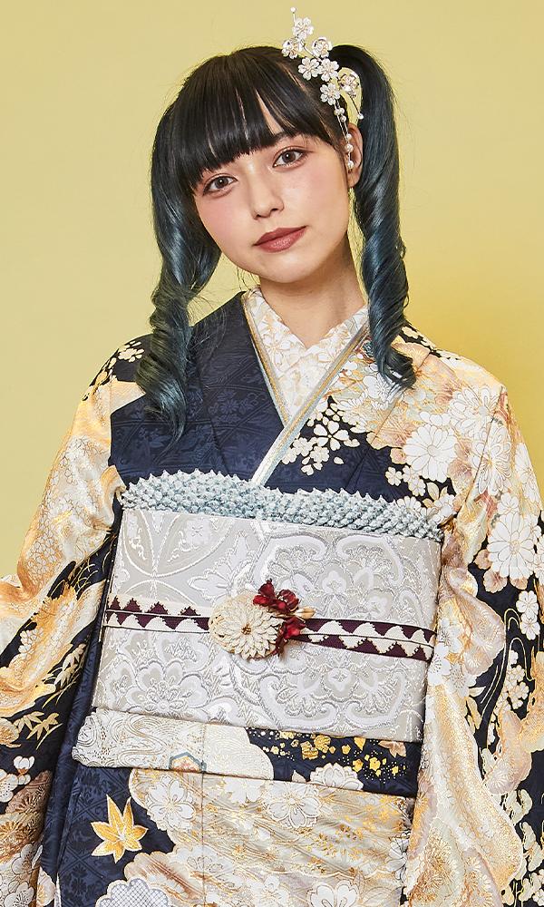 601z9〇人気色！ 振袖 金彩 紺 ネイビー 蝶々 桜 松〇成人式 結婚式