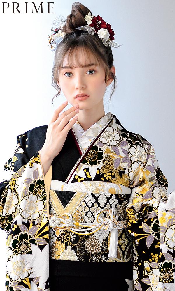 春秋くす玉文様の金彩友禅/黒｜伝統古典 【菊京屋】振袖レンタル 成人