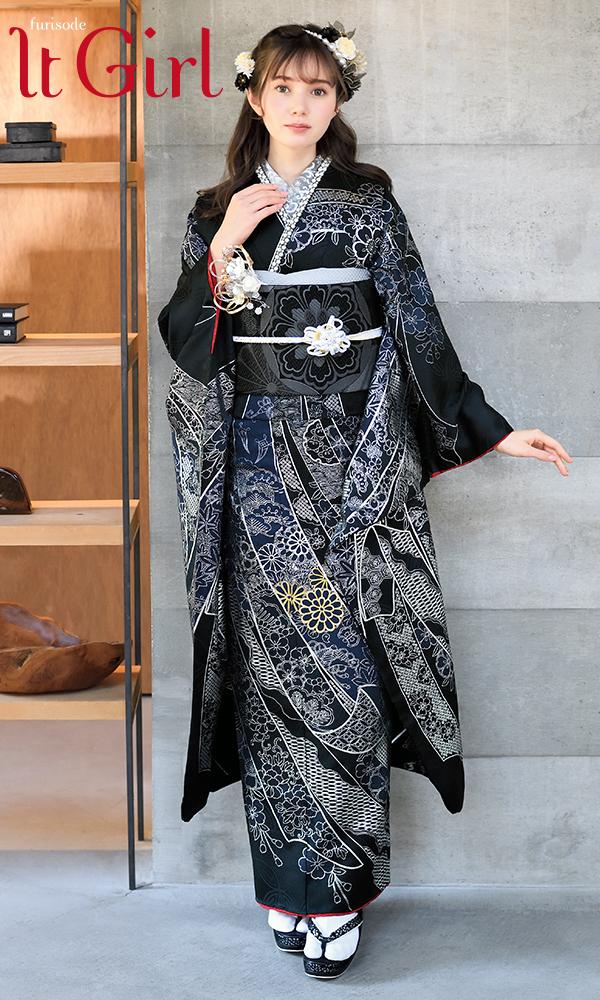 黒地に銀彩のしめ振袖｜可愛い古典【菊京屋】振袖レンタル 成人式