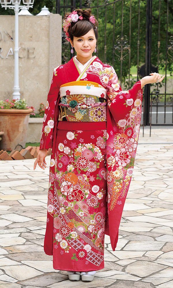 京友禅振袖・赤色・熨斗目柄┃かわいい古典【菊京屋】 赤 振袖