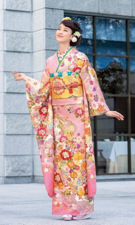 振袖 金駒刺繍 紗綾形地紋 菊花 松竹梅 霞 成人式 着物 083a p 振袖 金