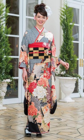 鹿子絞りの大輪牡丹/黒┃かわいい古典【菊京屋】