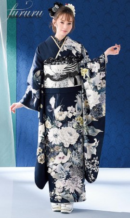 A 振袖 袷 正絹 黒地 お姫様 御所車 菊 菖蒲 着物 和装 和物 成人式 A