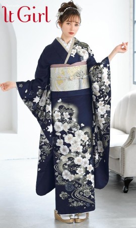 紺地の上品な牡丹や菊の金彩古典振袖セット 紺地の上品な牡丹や菊の