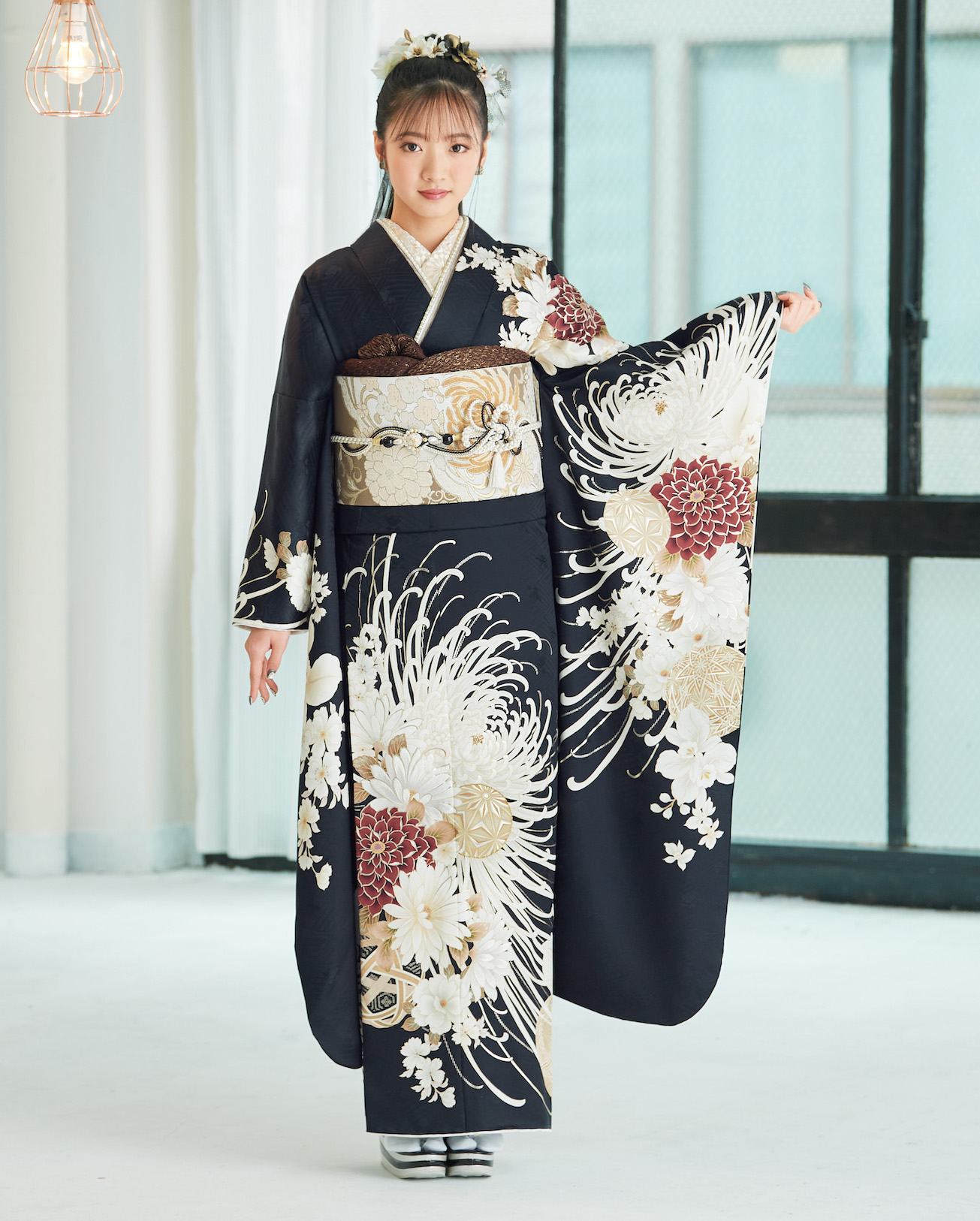 221 総絞り 本疋田 鹿の子 高級 振袖フルセット正絹 成人式 黒地 裄66