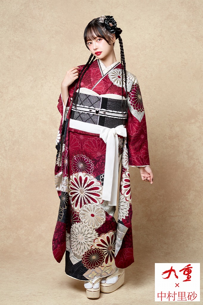 九重×中村里砂振袖ネットレンタル ワインレッド/エンジ 菊柄 おしゃれ