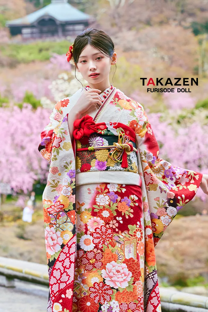 正統派古典 白赤 IKKO振袖 牡丹柄/御所車 定番人気 綺麗 華やか 清楚