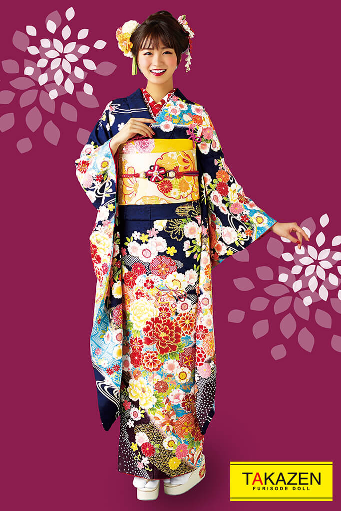 正統派古典 紺(ブルー)/赤/ネイビー 牡丹柄 大人っぽい 上品 古風古典