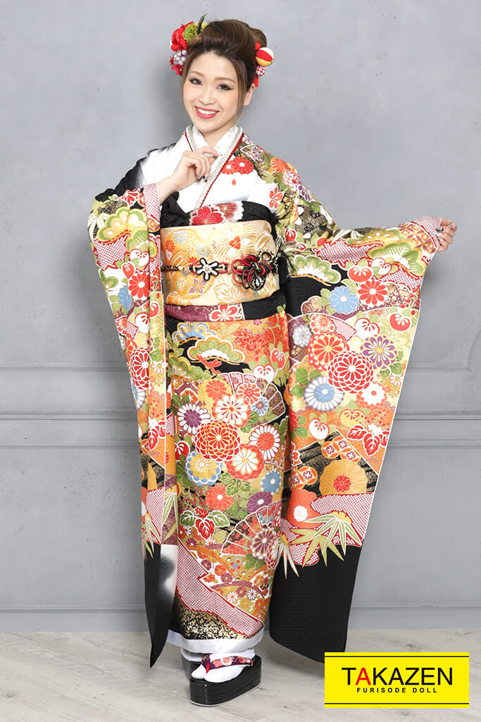 プレミアム古典 黒/白/オレンジ 牡丹柄/菊柄 上品 かっこいい古典振袖