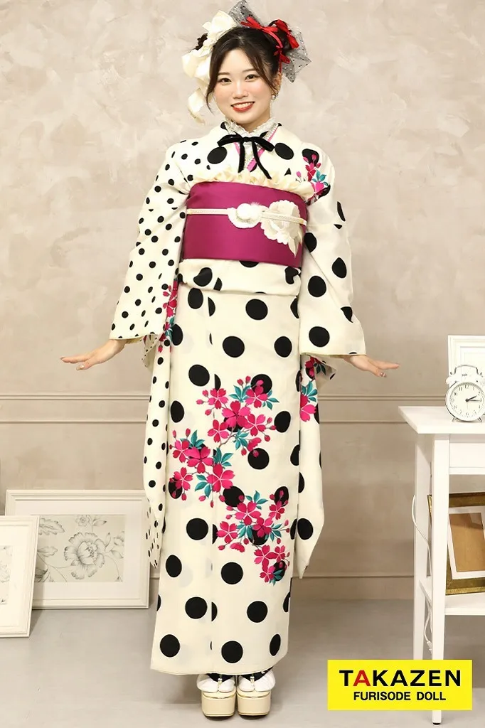 シンプル レトロモダン 白/ピンク ドット柄 人気 個性的振袖ネット