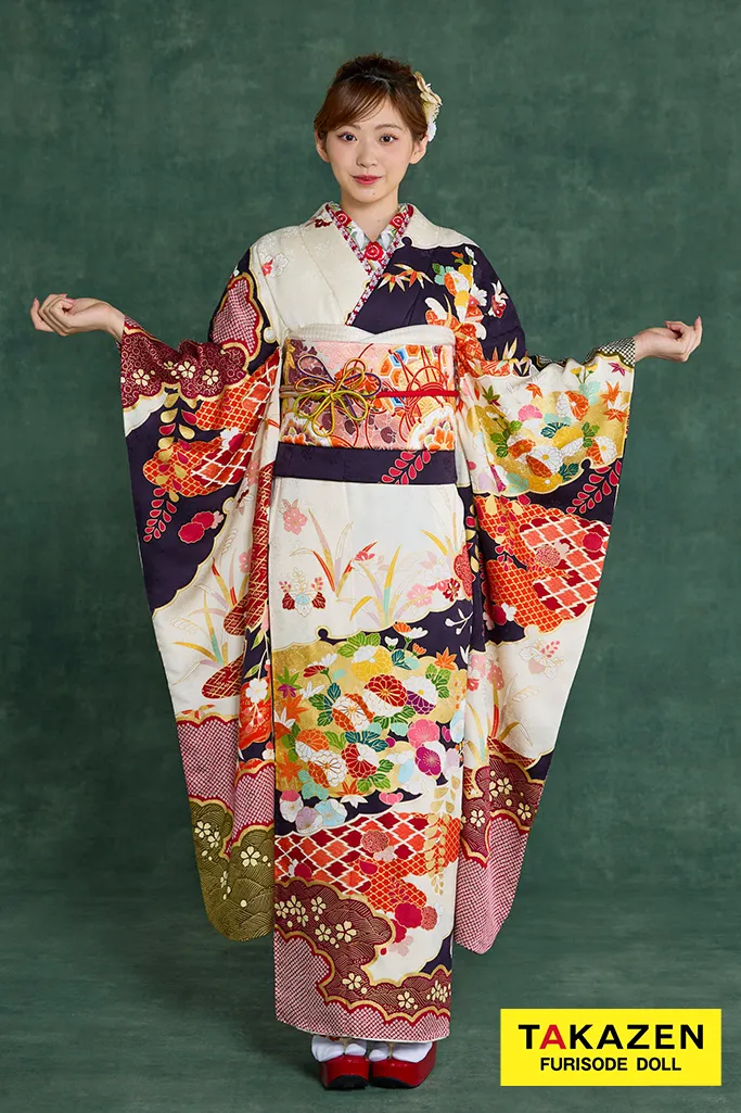 高級古典振袖 青柳/最高級絞り手描友禅 白/紺/赤 柄小さめ 高級古典