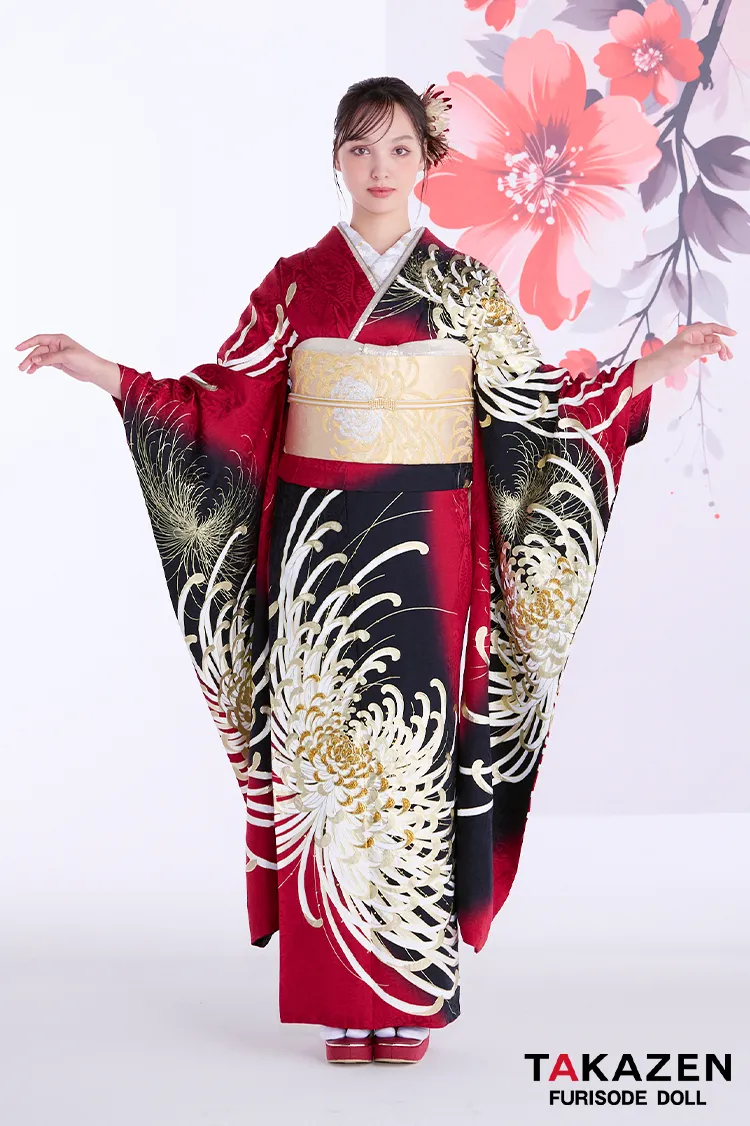 最新作粋古典 赤/ゴールド/黒 乱菊柄/大柄 最高級金彩刺繍友禅