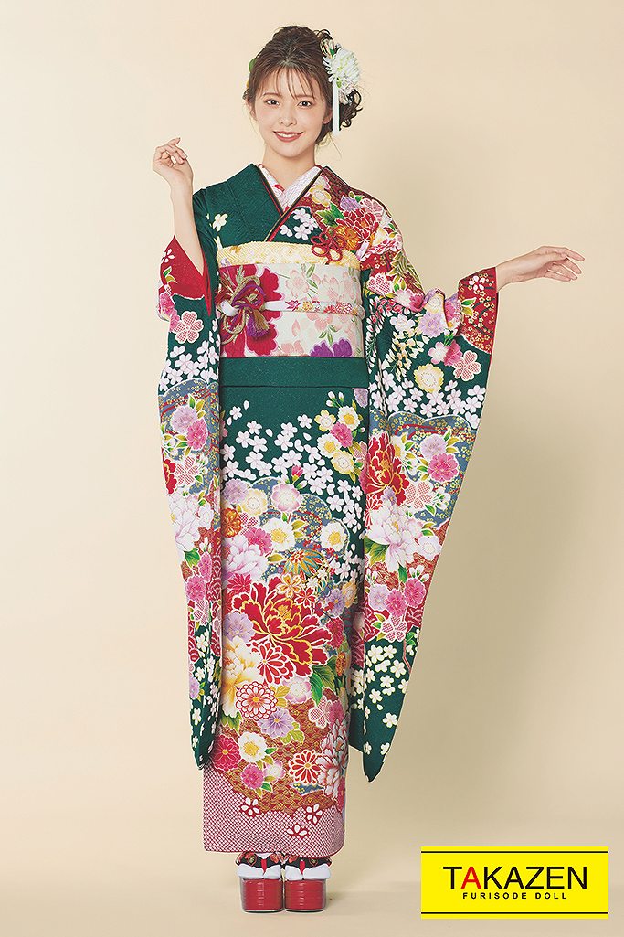 正統派古典 柄/大柄 赤/グリーン(緑色) 豪華古典柄振袖ネットレンタル
