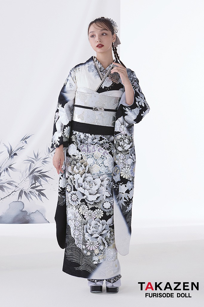 白紺染め分け牡丹のクール系振袖フルセット 白紺染め分け牡丹のクール