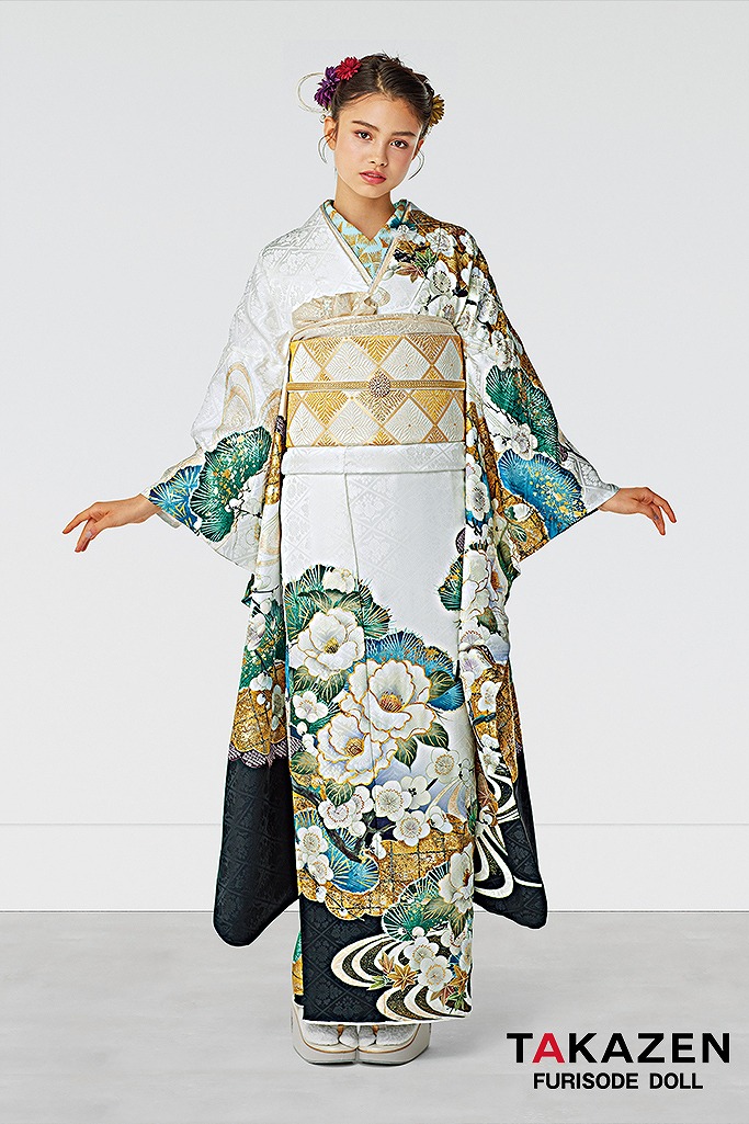 正統派古典 白地/緑/金 椿柄/流水模様 シンプル 大人っぽい 清楚 低