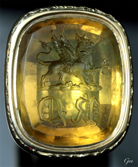 ジョージアン グリフィン紋章 シトリン インタリオ アンティークジュエリー