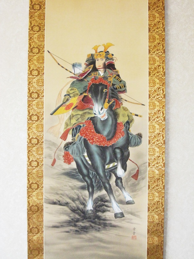 真作】国井幸雪/富士馬上武者図/武者絵/掛軸/名家伝来/AD-370