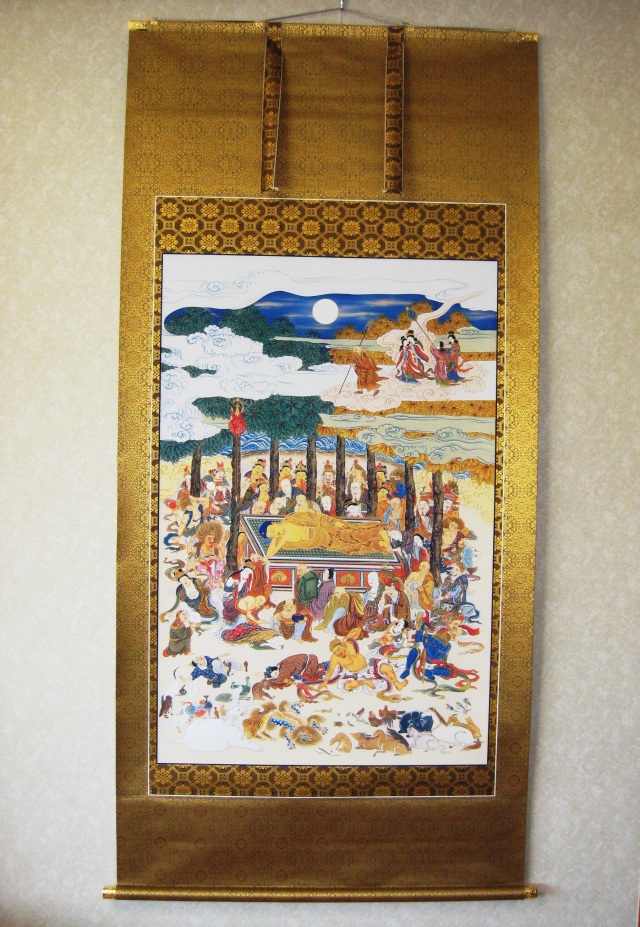 掛軸 超大幅 古仏画 『釈迦涅槃図』 紙本 肉筆 彩色 箱無 仏画 仏教美術