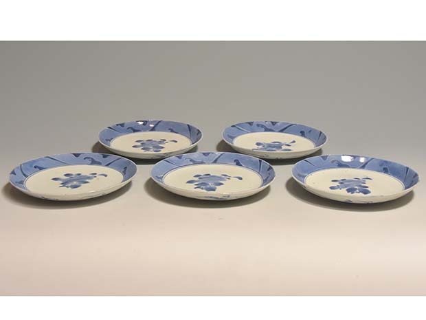 古伊万里（藍九谷様式）椿文中皿 5枚 江戸時代中期頃 | 古美術ささき