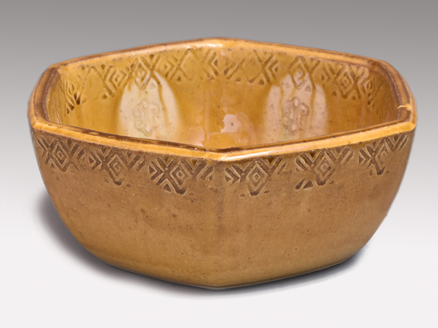 船木研児(作) 黄釉押紋 六角楕円鉢 共箱 布志名焼 | 古美術ささき