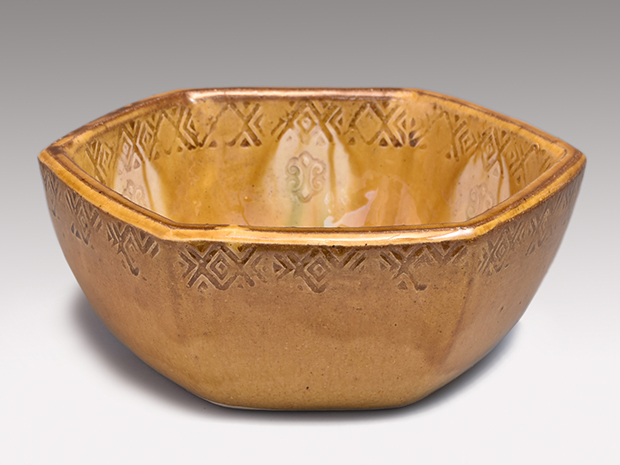 船木研児(作) 黄釉押紋 六角楕円鉢 共箱 布志名焼 | 古美術ささき