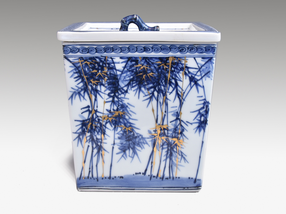 染付金彩竹水指 西村徳泉(作) 共蓋、塗蓋付 共箱 | 古美術ささき