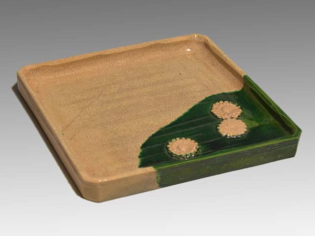 河井創太 灰釉双魚扁壷 桐共箱 黄布・栞付き 河井創太 ☆ 呉須 筒描文