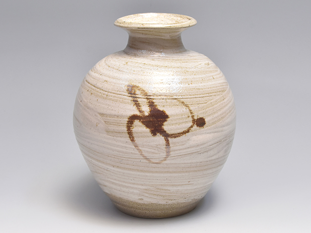 濱田庄司(浜田庄司) ？ 柿釉抜絵角瓶 人間国宝 花瓶 一輪挿し 角瓶