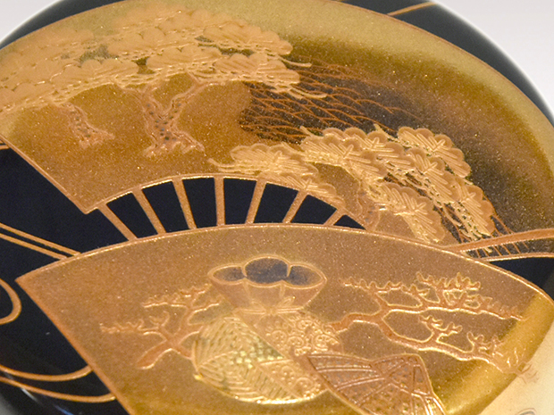 扇面流し蒔絵 大棗 大下升盛(作) 共箱 表千家 而妙斎朱在判、箱書 | 古