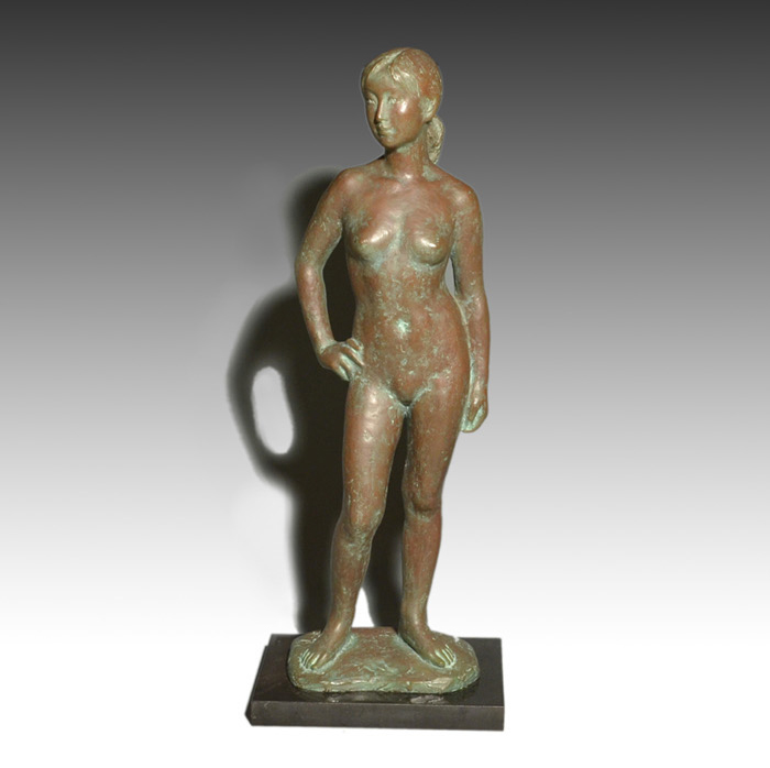 中古】ブロンズ像「自分の時間」長房一洋作 女性と猫のブロンズ彫刻