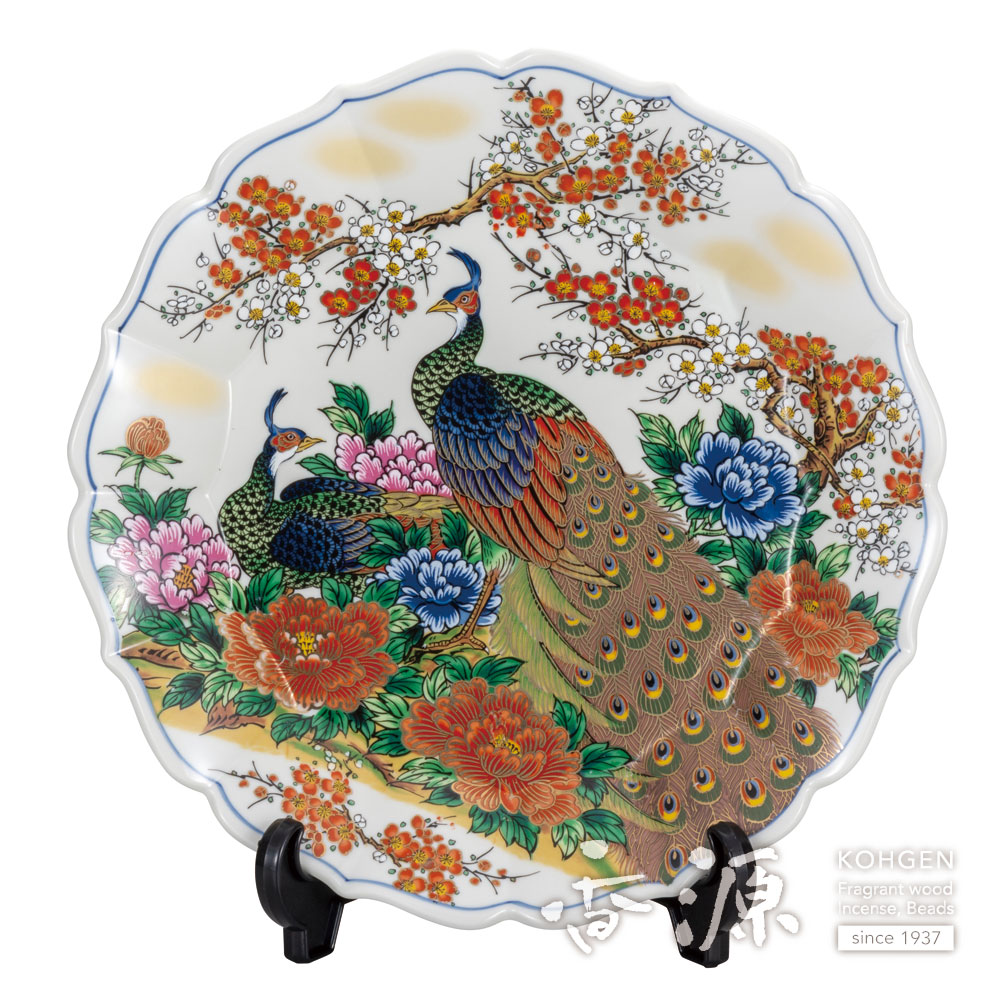 美品 九谷焼 九谷仙龍 大皿 飾皿 古九谷花鳥（皿立付）30cm 美品