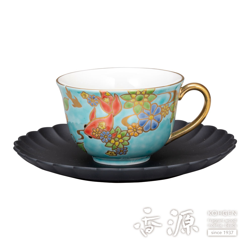 九谷焼コーヒーカップ 明治時代輸出品 手書き風景画 細密画 金彩 金蘭