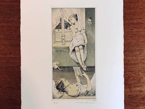 アルフォンス・イノウエ 銅版画 蔵書票『雪降る部屋で』｜ 1997年・E.A