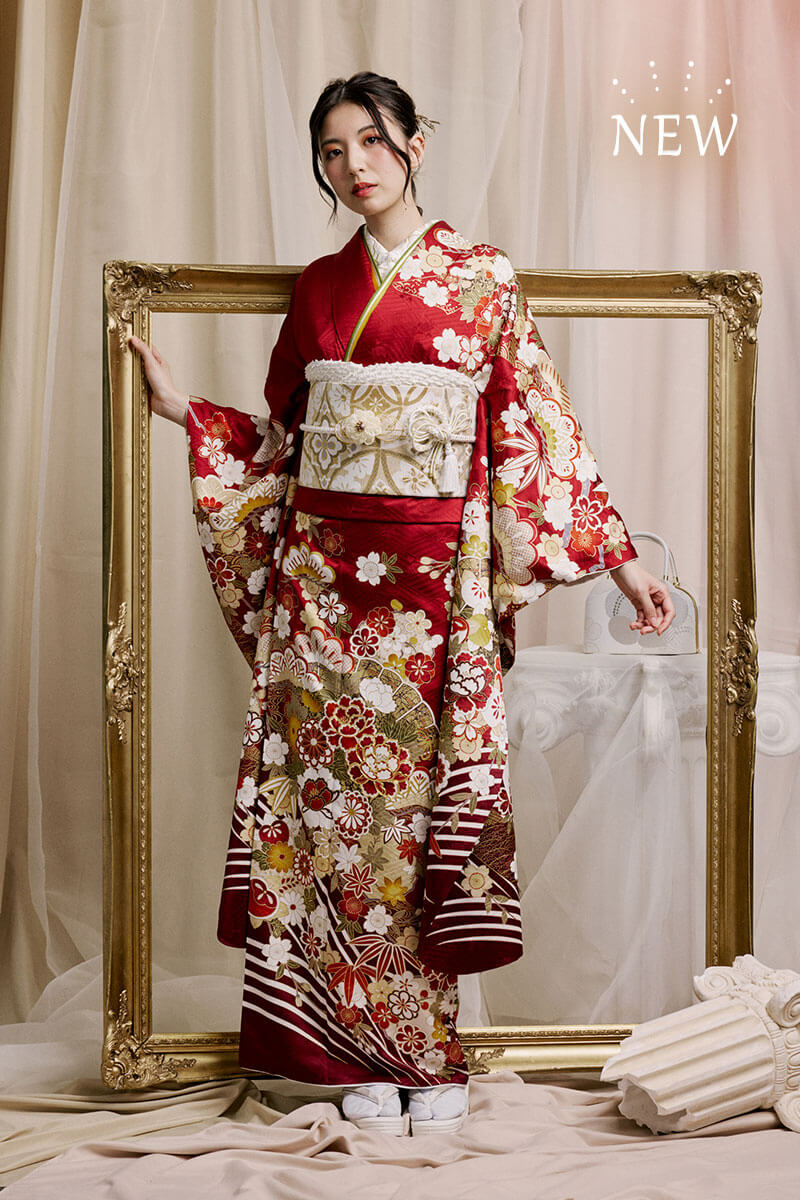 振袖 金駒刺繍 紗綾形地紋 菊花 松竹梅 霞 成人式 着物 083a p 振袖 金