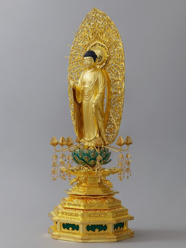 阿弥陀如来像(立像9寸)本願寺派 総ヌグイ 截金入 御本山型台座 四方