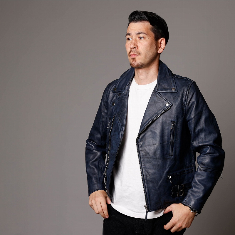 Mo-Laws ラム革 メンズ ダブルライダースジャケット UKタイプ ネイビー