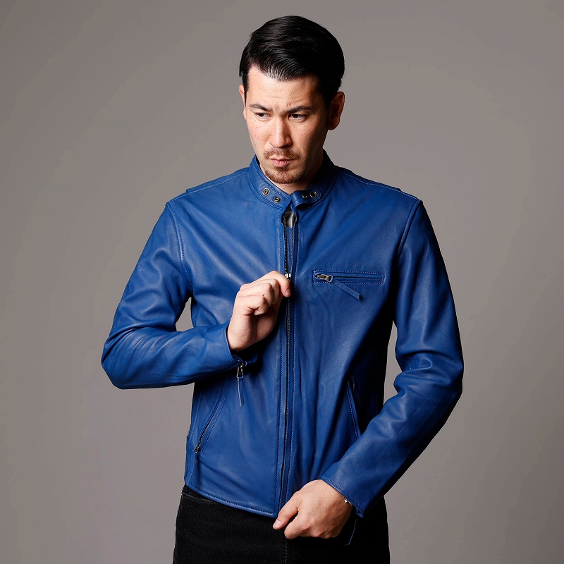 レザージャケット メンズ 本革 ブルー 青 シングルライダース