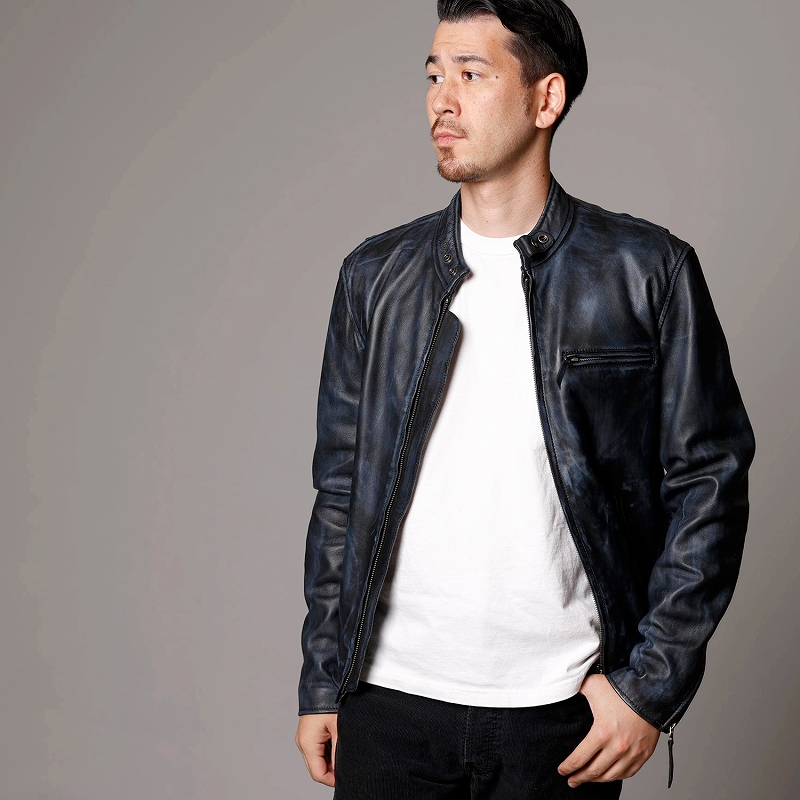 レザージャケット メンズ ダメージ風 ネイビー 紺色 本革 シングル