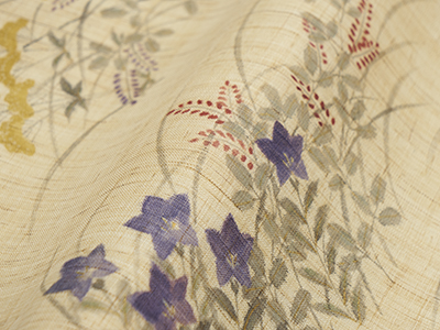 秋草模様手描麻開名古屋帯 桐山紫香作(F96066to) 帯紹介
