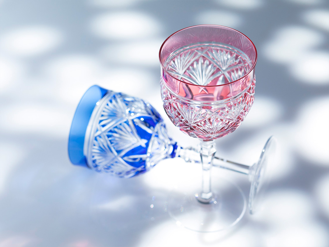 青赤エッチングデザインクリスタルグラス ボヘミアングラス 青赤
