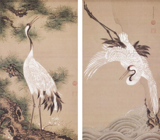 鶴図 掛け軸 伊藤若冲 掛け軸 白鶴図双幅（松に鶴・浪に鶴） 送料