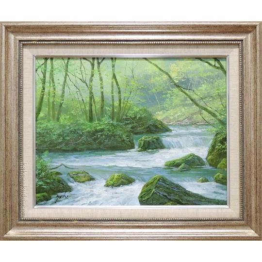 手書き油絵 色づく湖と山 額付き 肉筆絵画 インテリア 油彩画 手書き