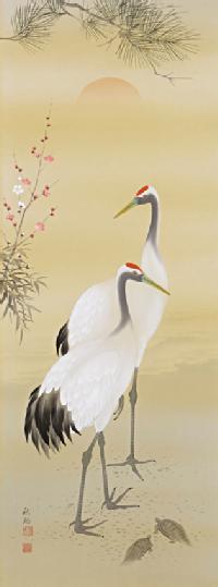 陽光双鶴 加野秋谿 （尺五立）肉筆！ 鶴亀 - 掛け軸（掛軸）販売通販