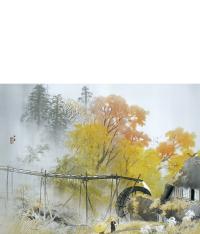 複製/川合玉堂/彩雨/山水水車図/工芸/桐共箱付/布袋屋掛軸