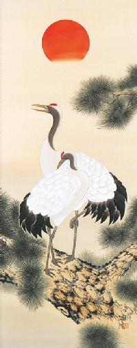 真作】掛軸 松上鶴 吉祥の象徴 二羽の鶴と老松 共箱入 S112 真作】掛軸