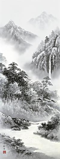 水墨山水 紫山憧憬 佐藤静雲 尺五 日本製 山水画 - 掛け軸（掛軸）販売