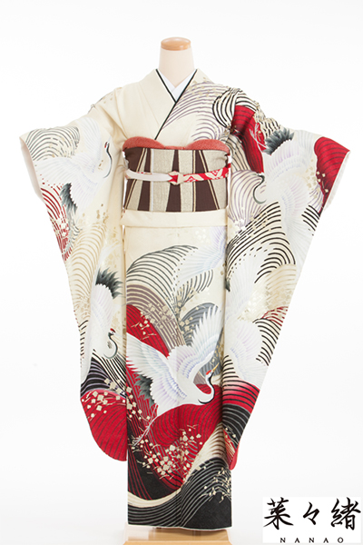 振袖 鶴デザイン 白地 黒縞 振袖 鶴デザイン 白地 黒縞