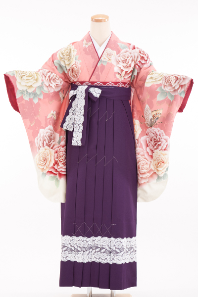 卒業式用 小振袖・袴セット レンタル 340055 ピンク地 薔薇 袴紫レース