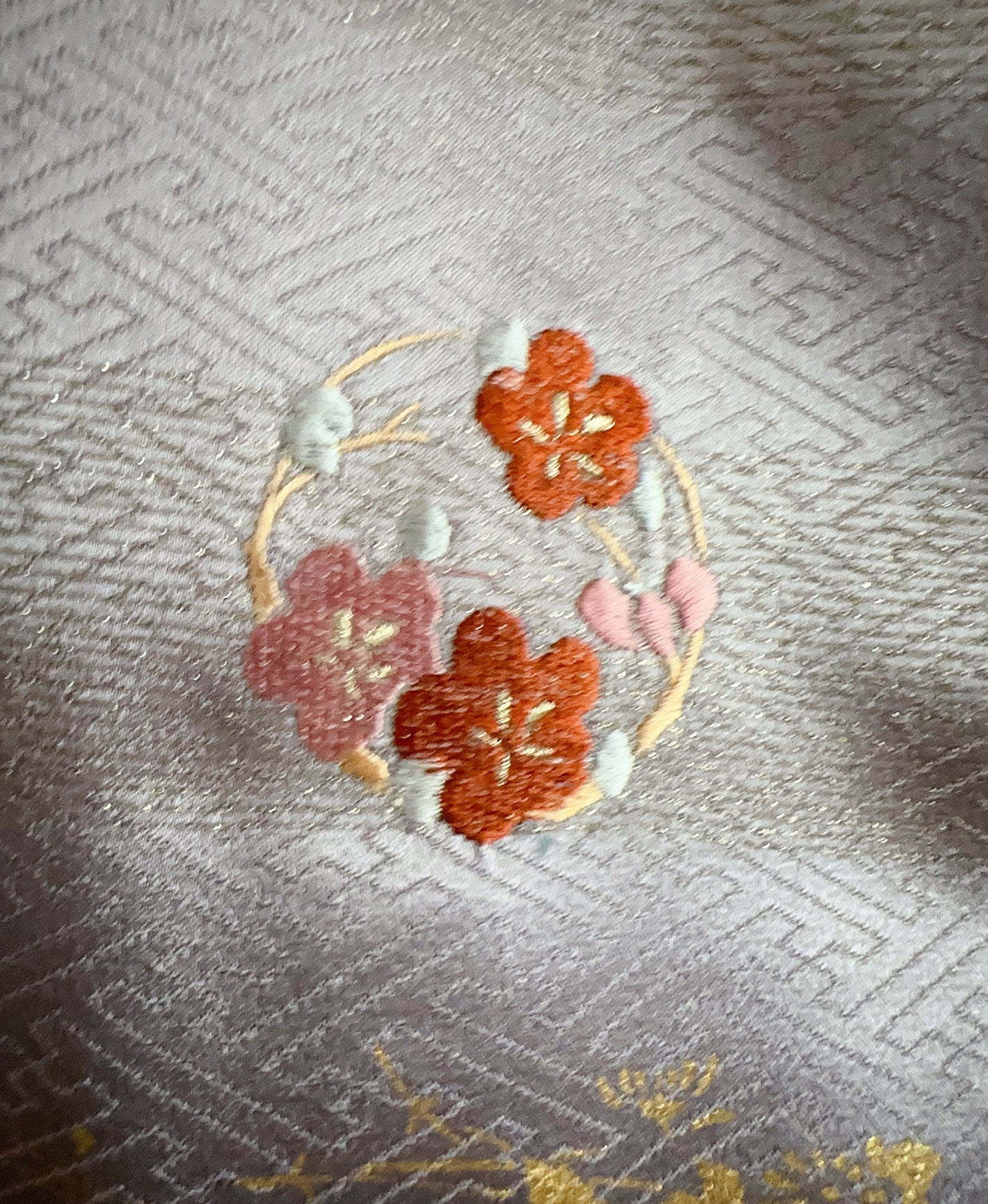 訪問着レンタル・紅桔梗 紫系 暈し染め 駒刺繍 金彩 花草 雪輪 FW706